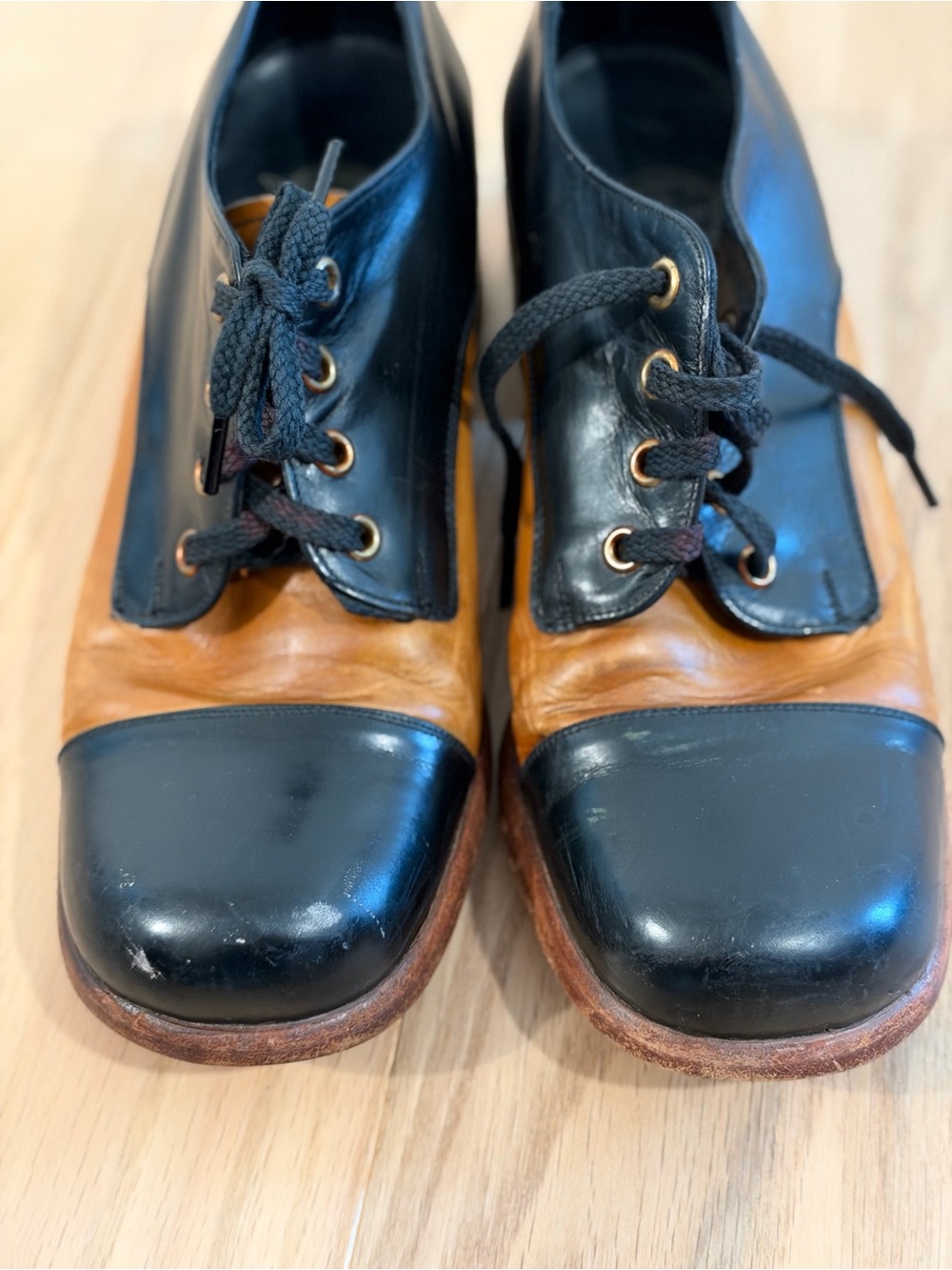 Vintage 70s Florsheim Platform Shoes Two Tone Leather Disco Cuban Oxford Heels - Picture 7 of 9